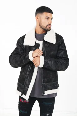 Veste Aviateur Revers Faux Mouton Noir-Blanc