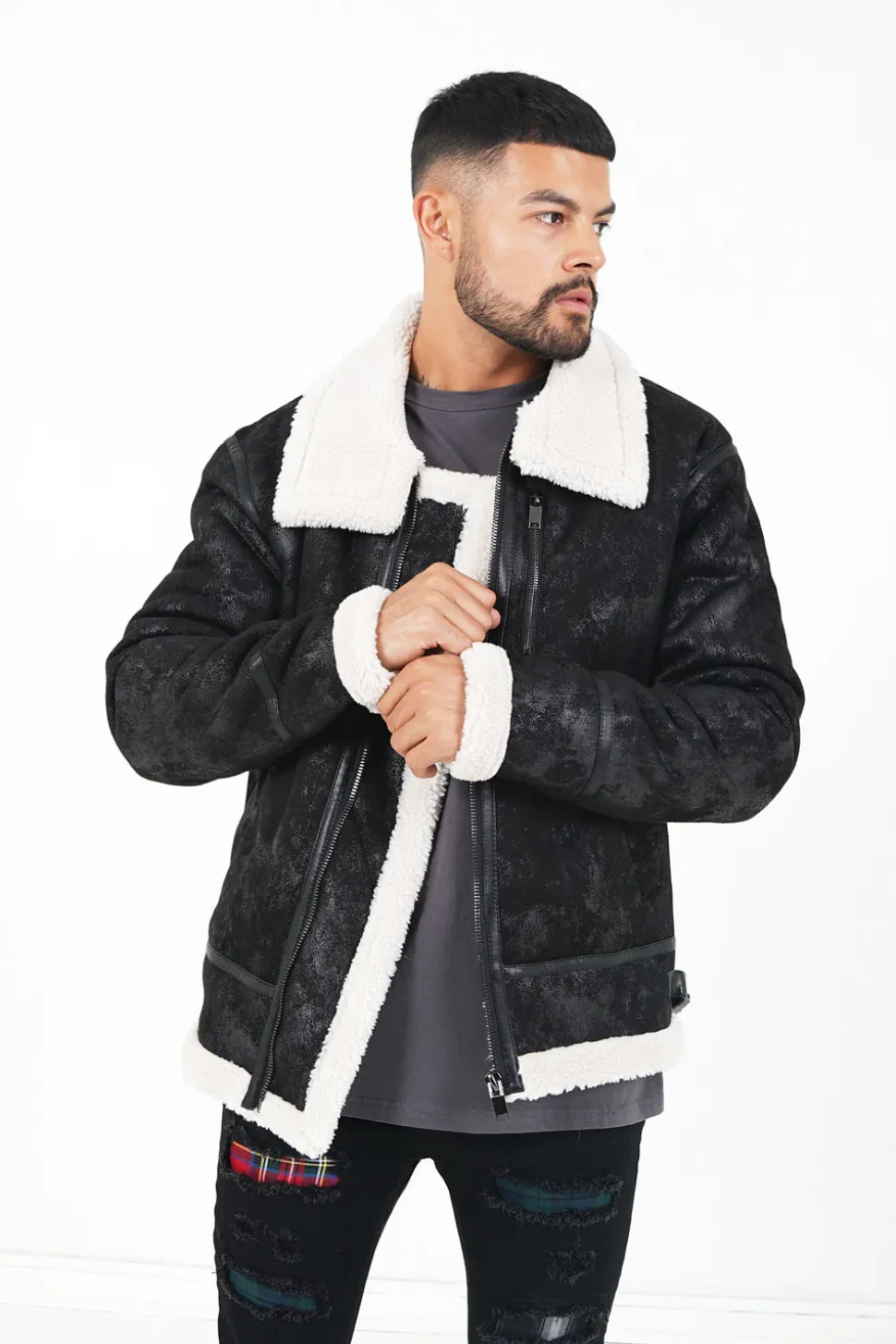 Veste Aviateur Revers Faux Mouton Noir-Blanc