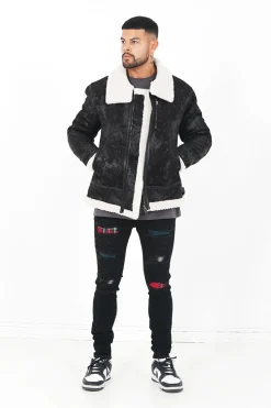 Veste Aviateur Revers Faux Mouton Noir-Blanc