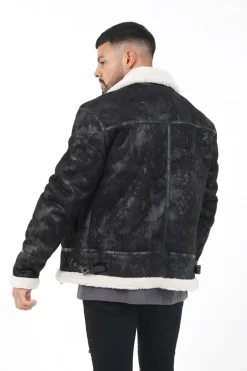 Veste Aviateur Revers Faux Mouton Noir-Blanc