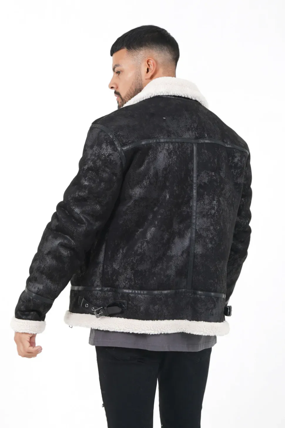 Veste Aviateur Revers Faux Mouton Noir-Blanc