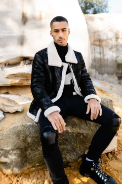 Veste Aviateur Revers Faux Mouton Noir-Blanc