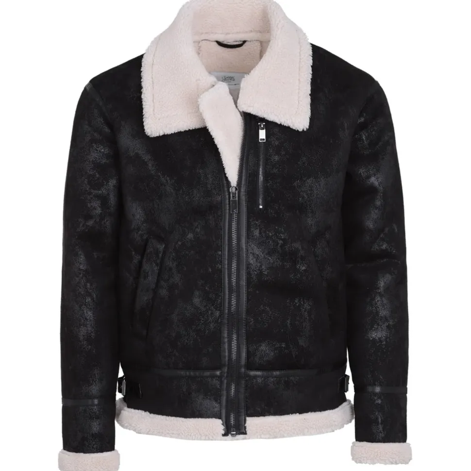 Veste Aviateur Revers Faux Mouton Noir-Blanc