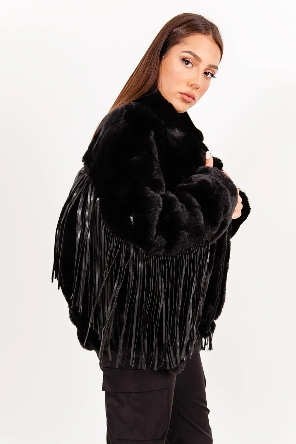 Veste Fausse Fourrure Franges Noir