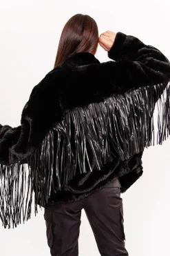 Veste Fausse Fourrure Franges Noir
