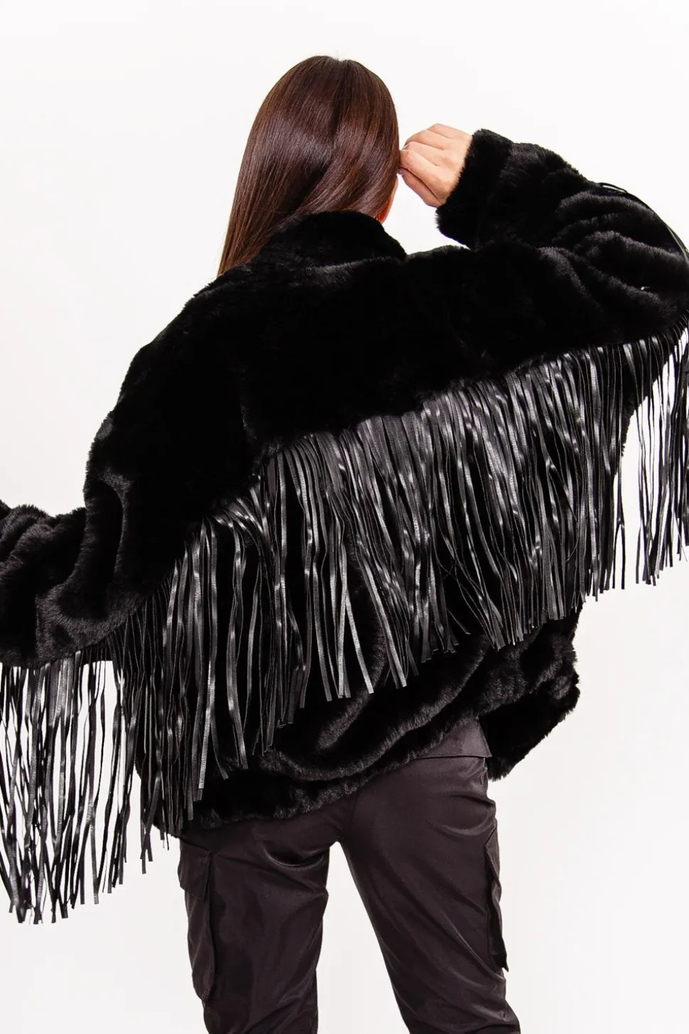 Veste Fausse Fourrure Franges Noir