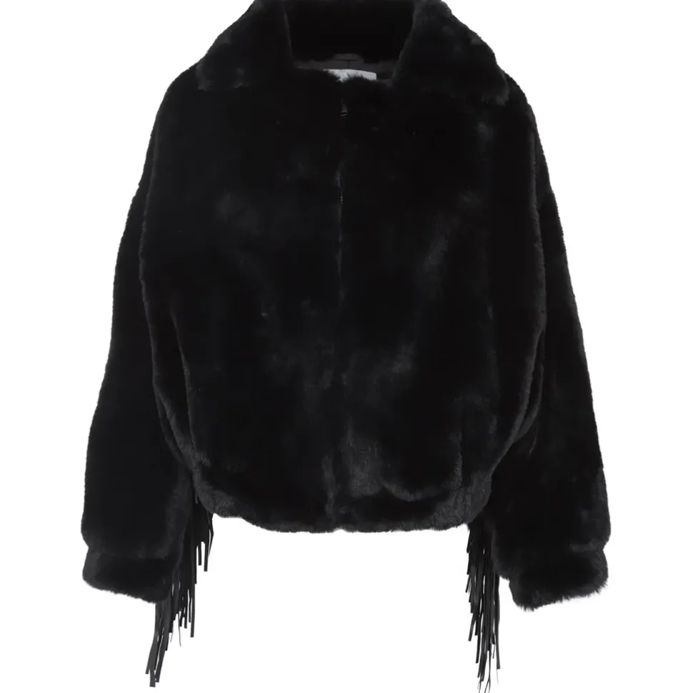Veste Fausse Fourrure Franges Noir