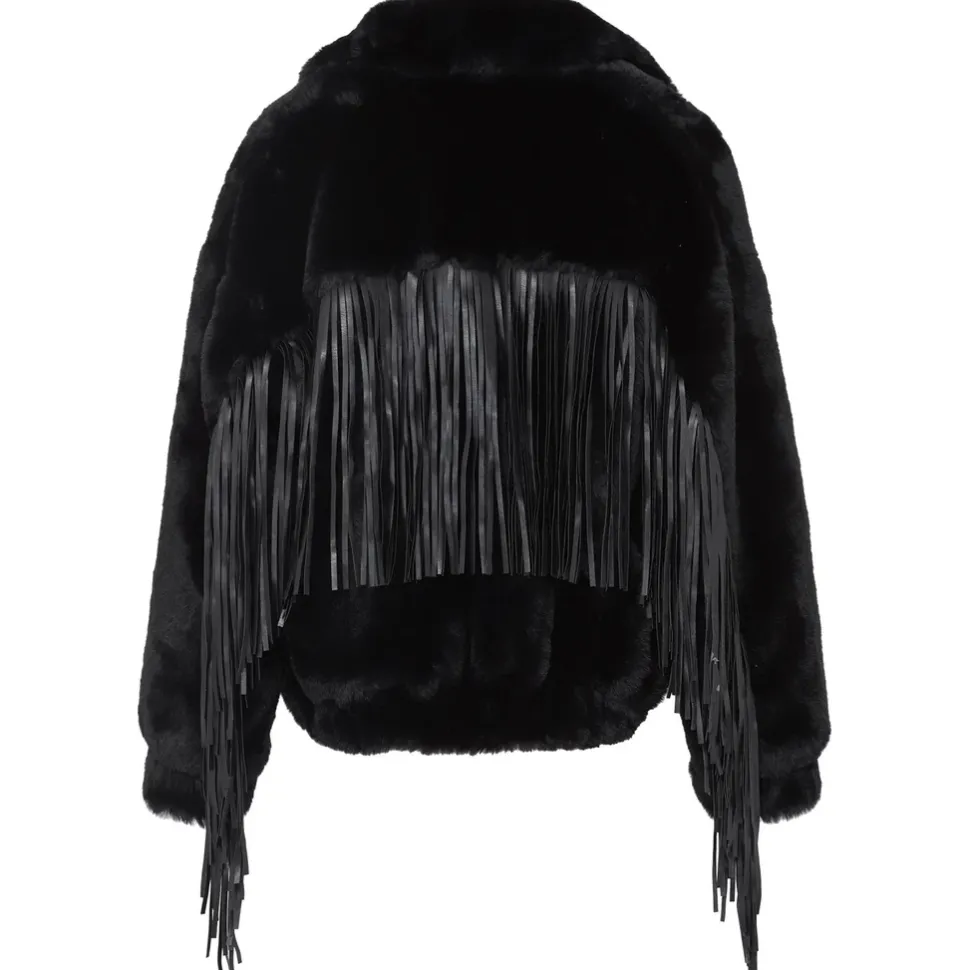 Veste Fausse Fourrure Franges Noir