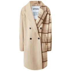 Veste Longue Duveteuse Carreaux Beige