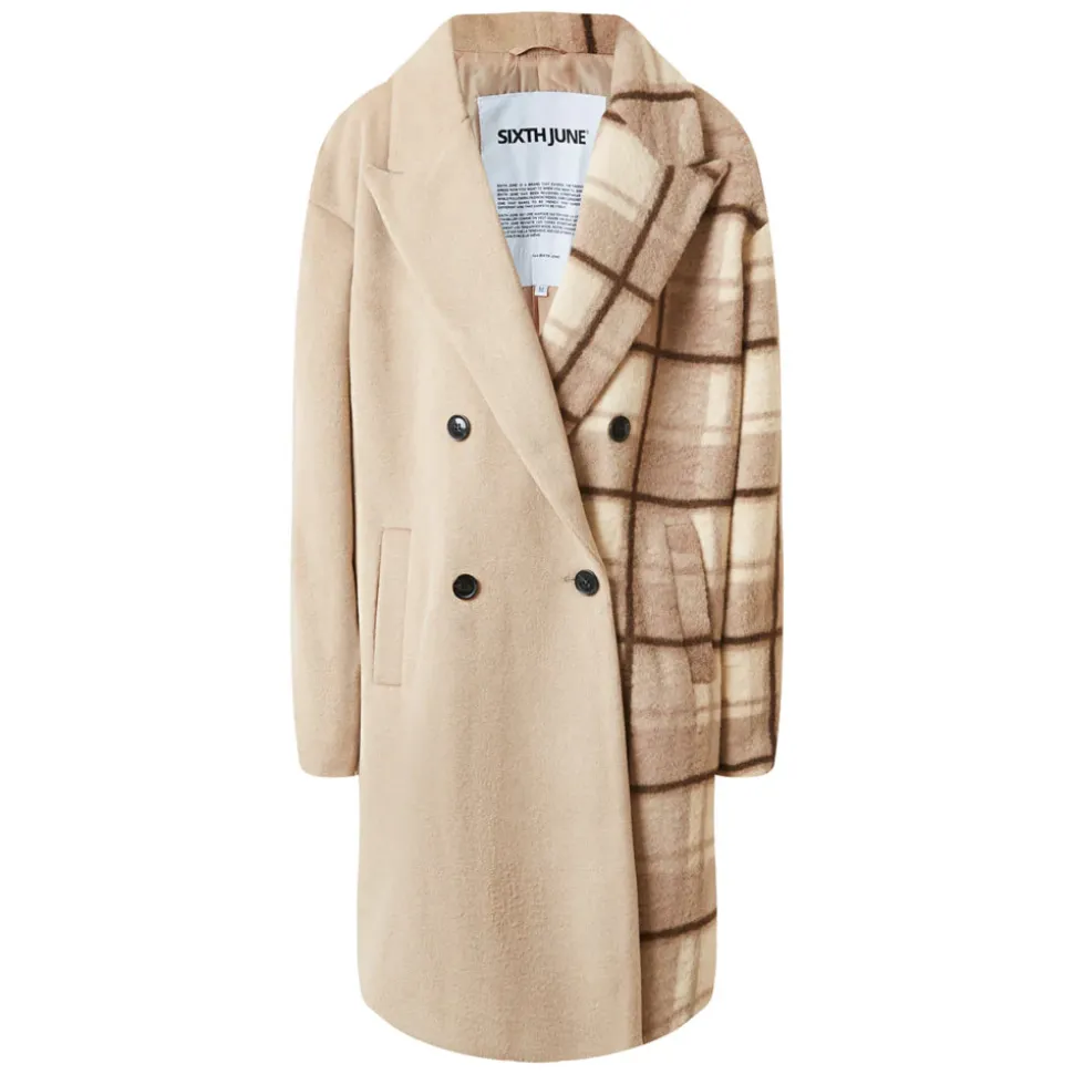 Veste Longue Duveteuse Carreaux Beige