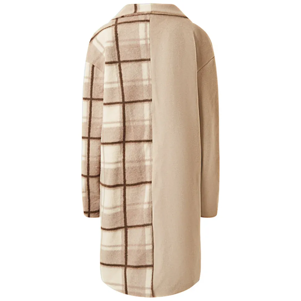 Veste Longue Duveteuse Carreaux Beige