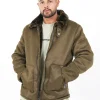 Veste Suedine Revers Fourrure Vert Kaki