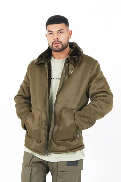 Veste Suedine Revers Fourrure Vert Kaki