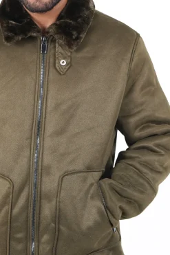 Veste Suedine Revers Fourrure Vert Kaki