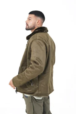 Veste Suedine Revers Fourrure Vert Kaki