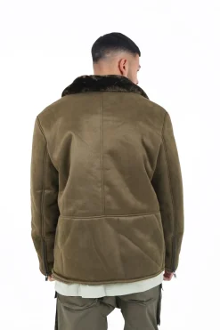 Veste Suedine Revers Fourrure Vert Kaki