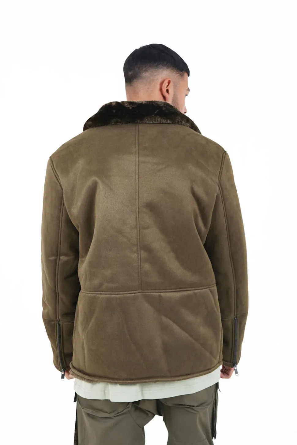 Veste Suedine Revers Fourrure Vert Kaki